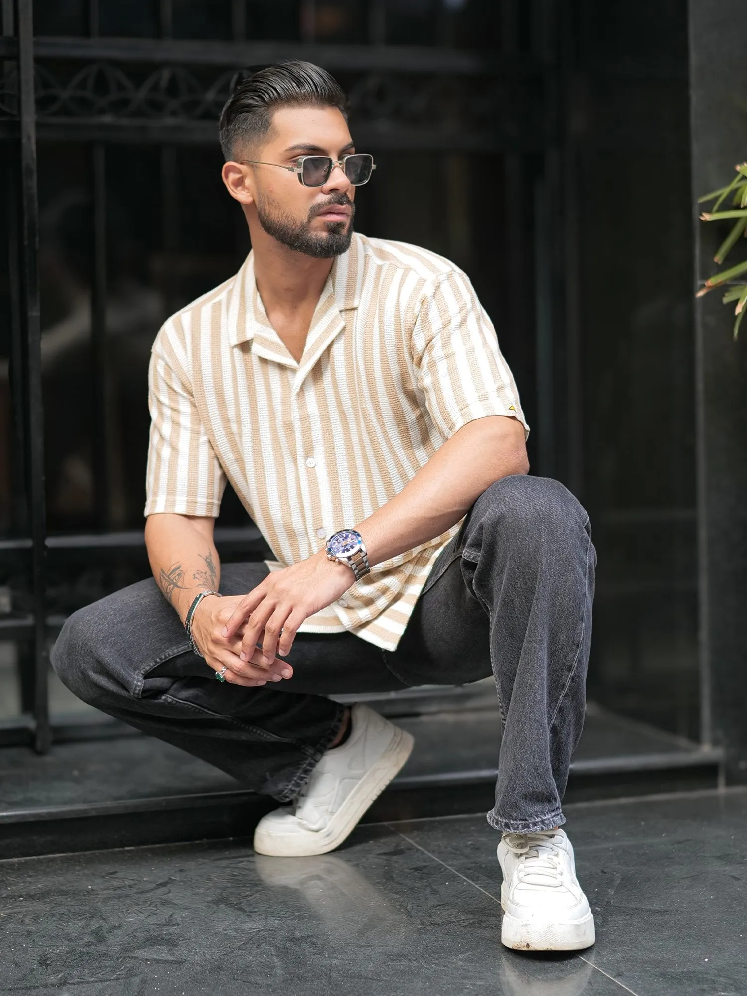 Waffle Flatknit Cotton Beige Shirt