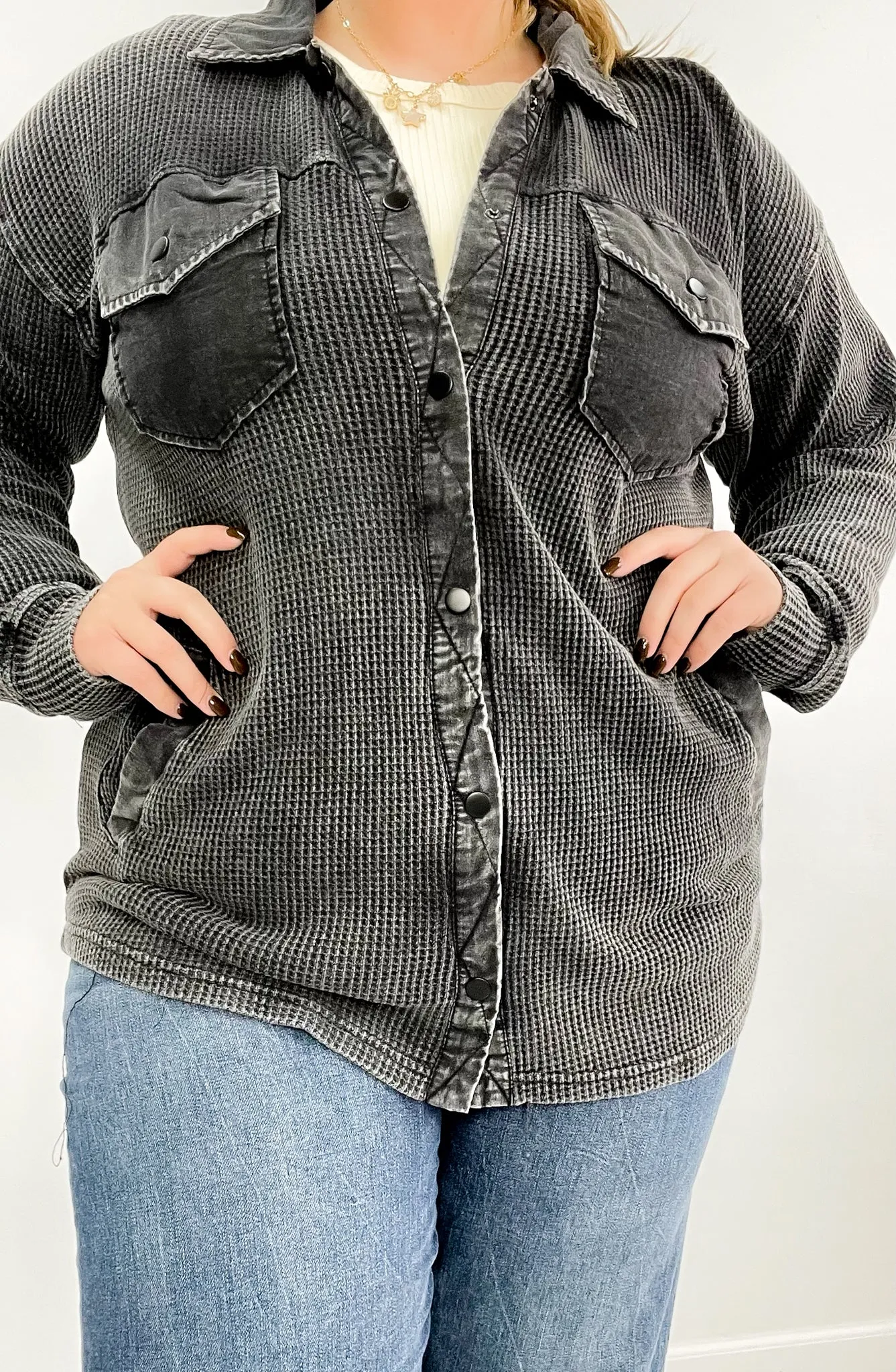 Waffle Knit Mineral Wash Curvy Shacket