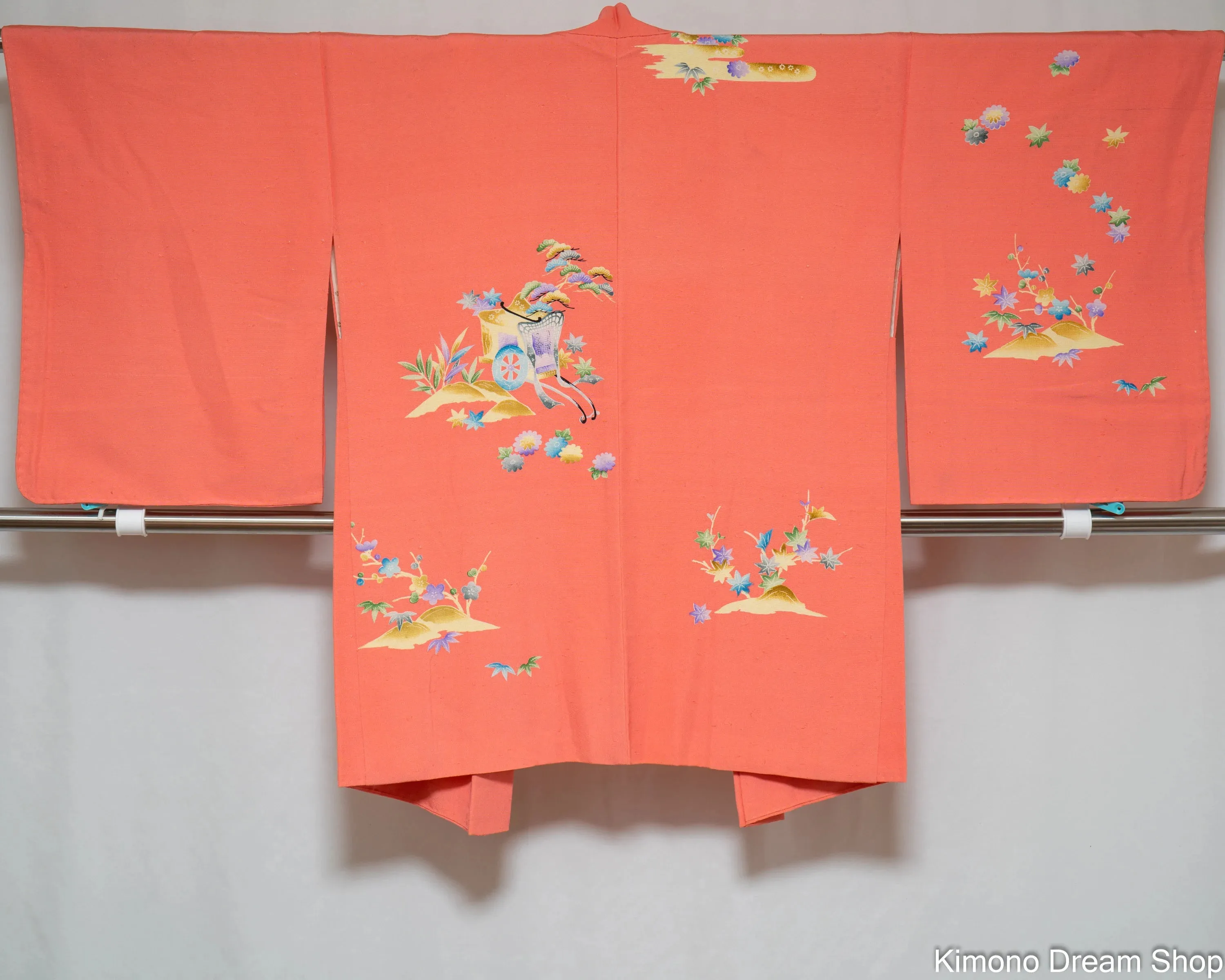 Wedding Cart and Flowers Pink Haori - Vintage Raw Silk Kimono Jacket - Traditional Dye Methods - Intricate Flowers Pattern Scenery