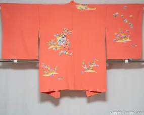 Wedding Cart and Flowers Pink Haori - Vintage Raw Silk Kimono Jacket - Traditional Dye Methods - Intricate Flowers Pattern Scenery