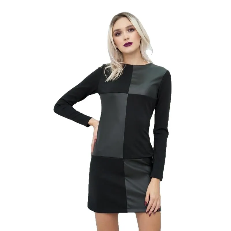Women Vintage Leather Patchwork Elegant Dress