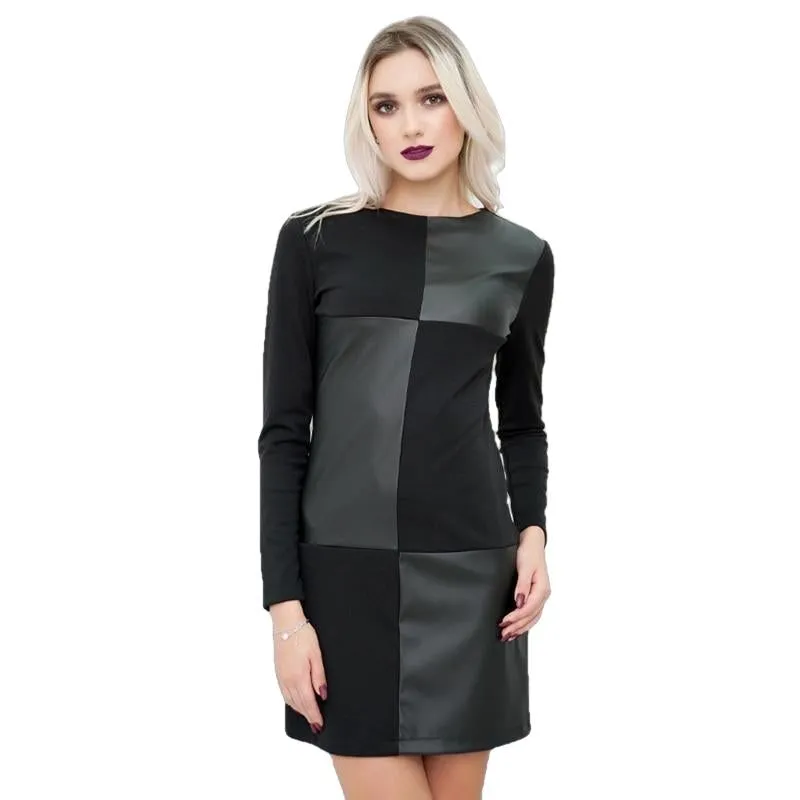 Women Vintage Leather Patchwork Elegant Dress