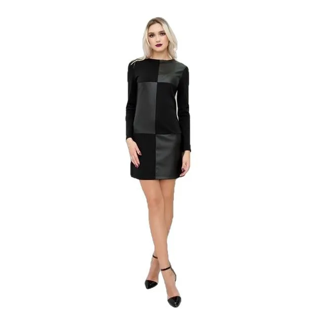 Women Vintage Leather Patchwork Elegant Dress