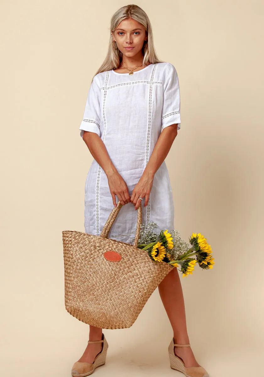 Women's 3/4 Sleeve Linen Dress with Lace Detail | 100% Natural Italian Style, Available in White, Black, Red, Aqua, Blue, Green, Item #8385