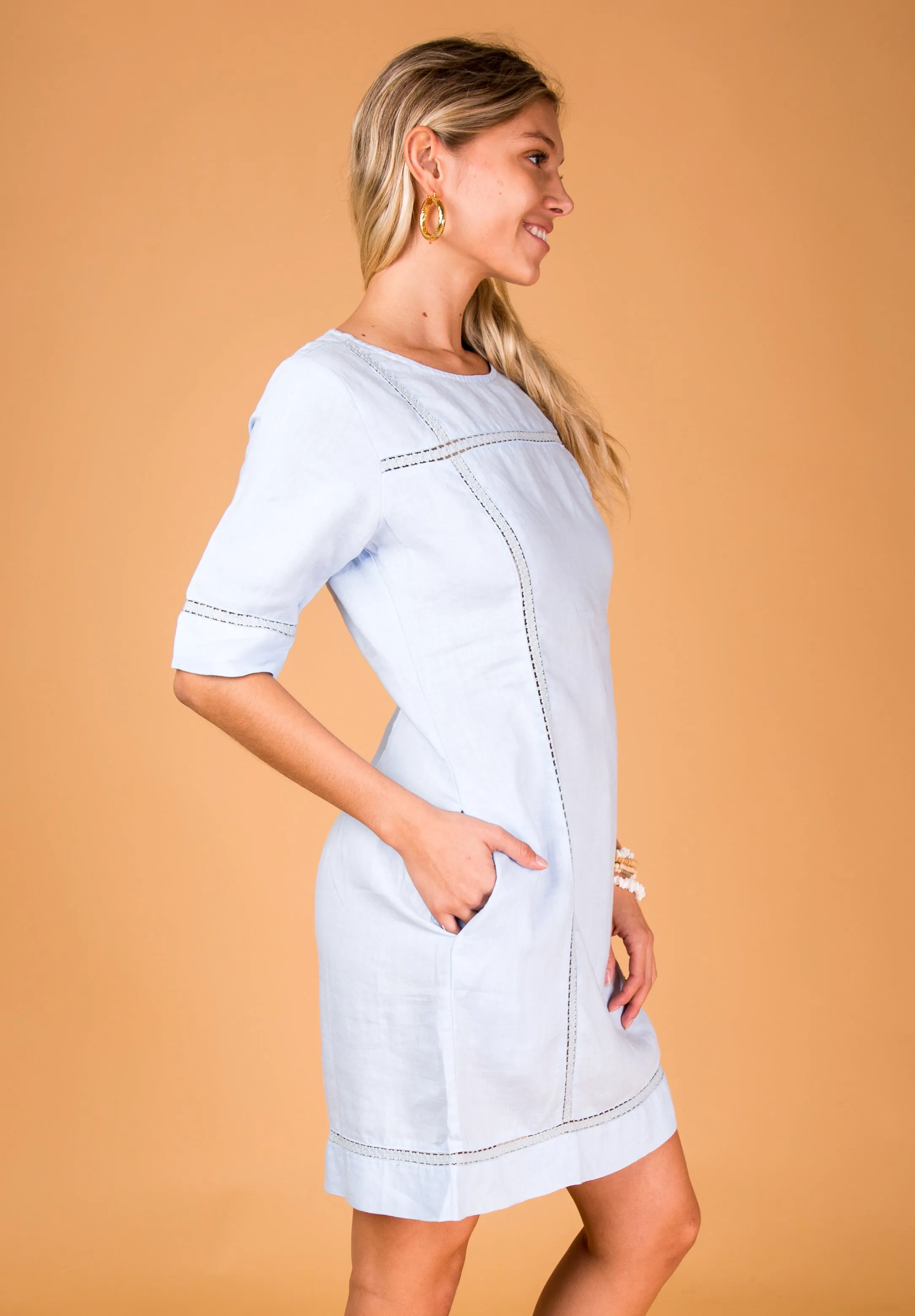 Women's 3/4 Sleeve Linen Dress with Lace Detail | 100% Natural Italian Style, Available in White, Black, Red, Aqua, Blue, Green, Item #8385