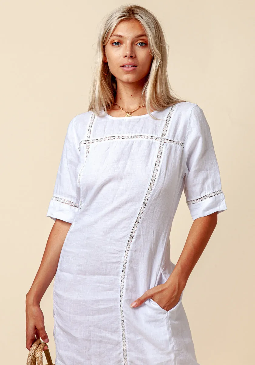 Women's 3/4 Sleeve Linen Dress with Lace Detail | 100% Natural Italian Style, Available in White, Black, Red, Aqua, Blue, Green, Item #8385