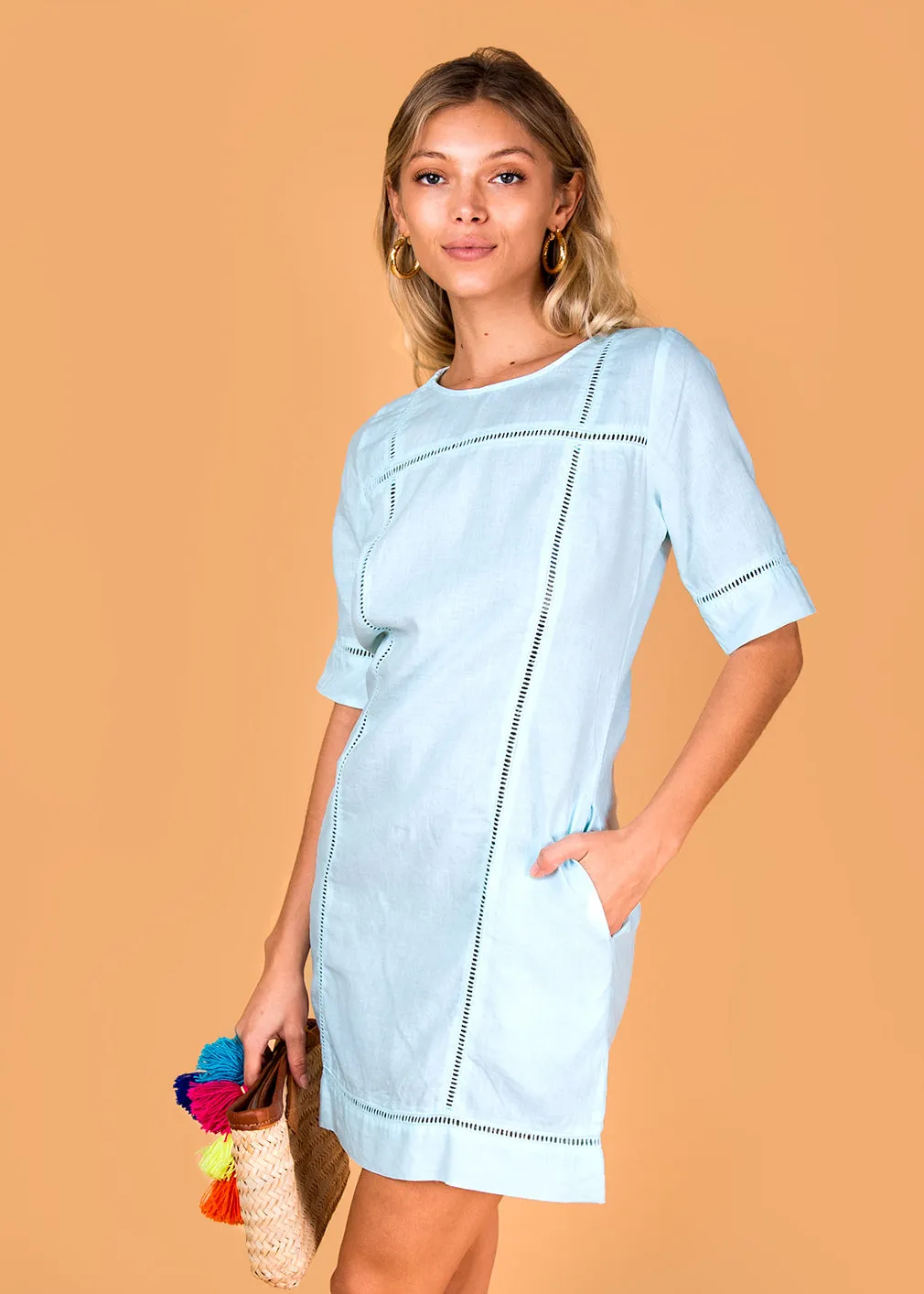 Women's 3/4 Sleeve Linen Dress with Lace Detail | 100% Natural Italian Style, Available in White, Black, Red, Aqua, Blue, Green, Item #8385