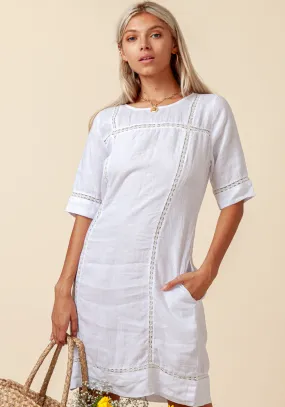 Women's 3/4 Sleeve Linen Dress with Lace Detail | 100% Natural Italian Style, Available in White, Black, Red, Aqua, Blue, Green, Item #8385