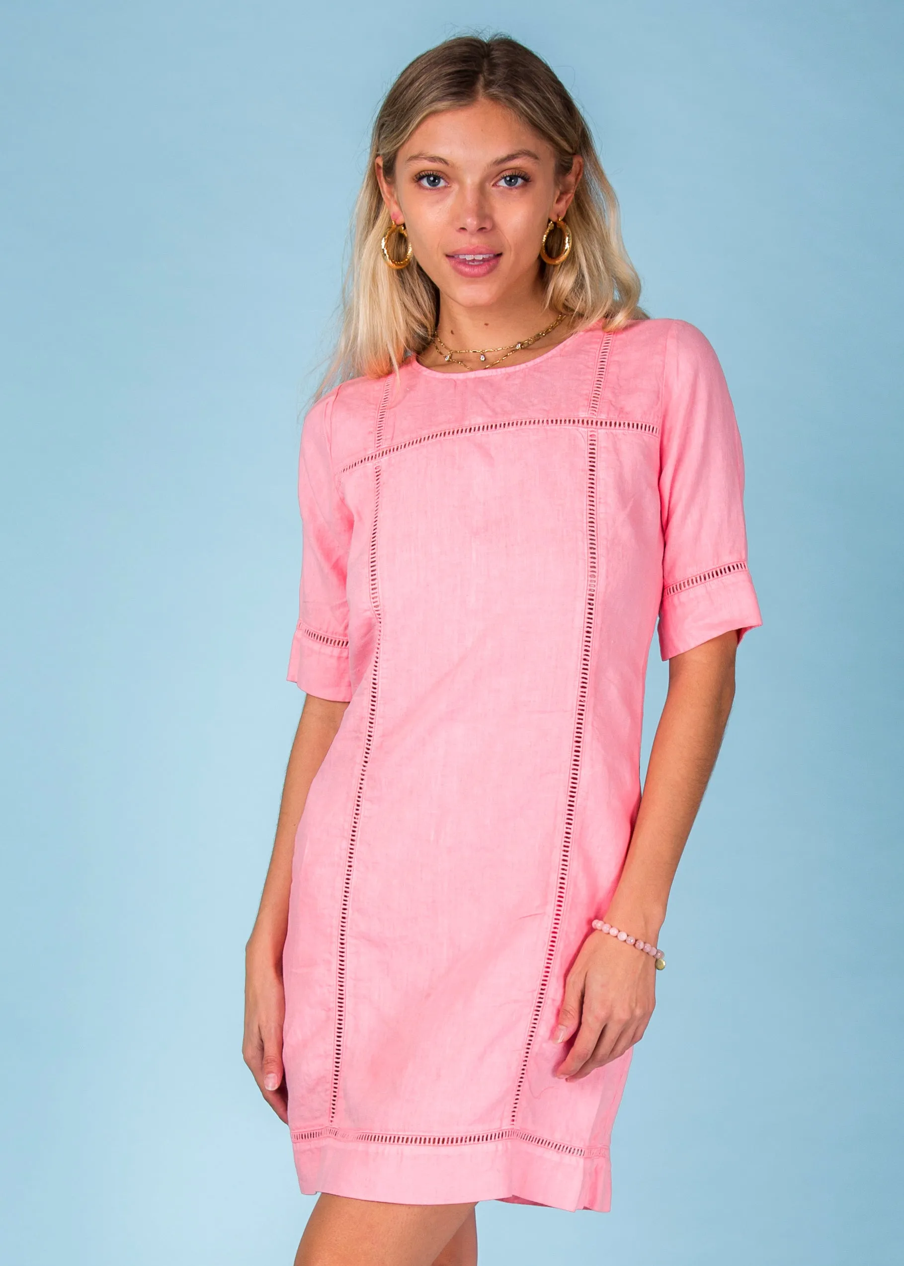 Women's 3/4 Sleeve Linen Dress with Lace Detail | 100% Natural Italian Style, Available in White, Black, Red, Aqua, Blue, Green, Item #8385