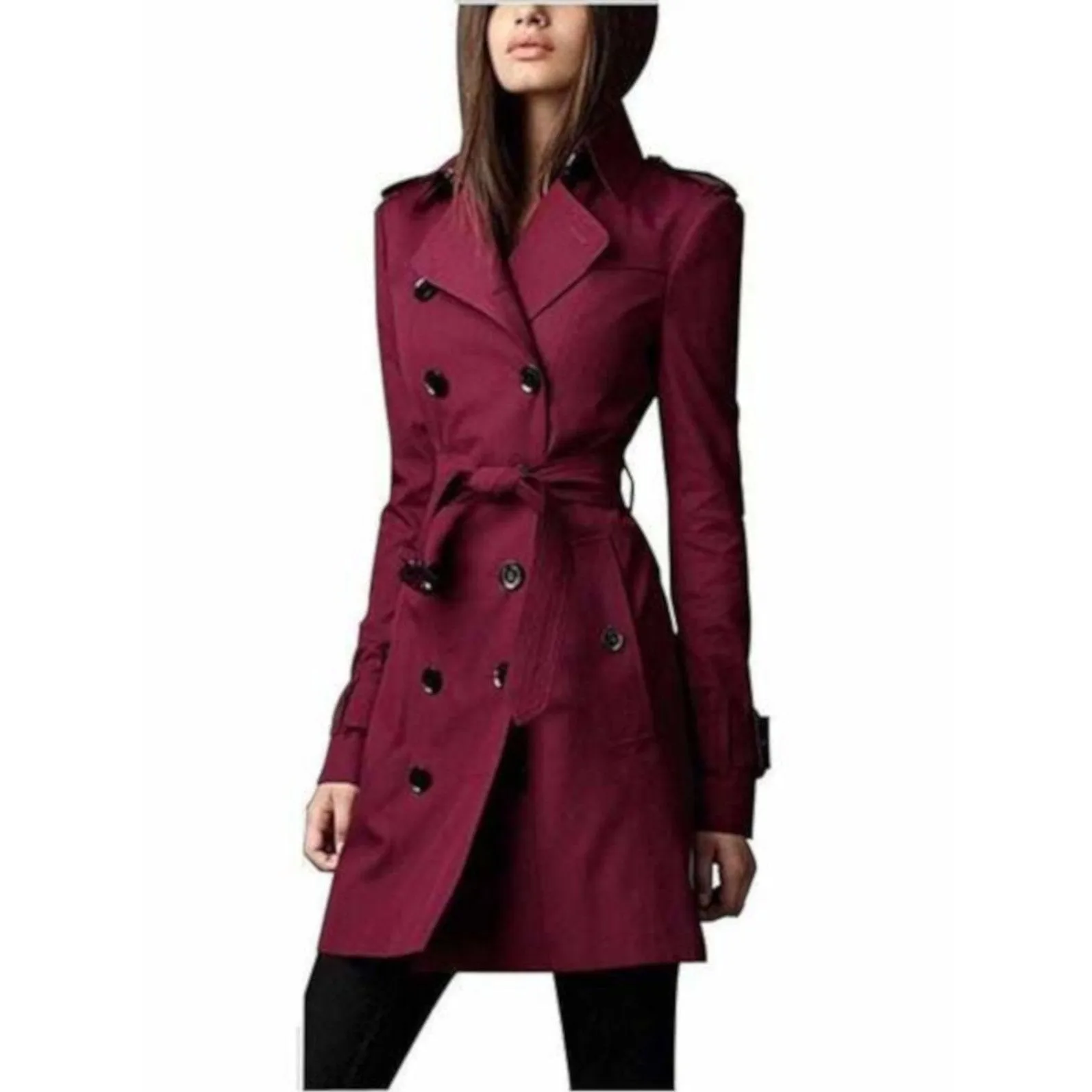 Women's Dark Red Double Breasted Lightweight Trench Coat Rain Jacket
