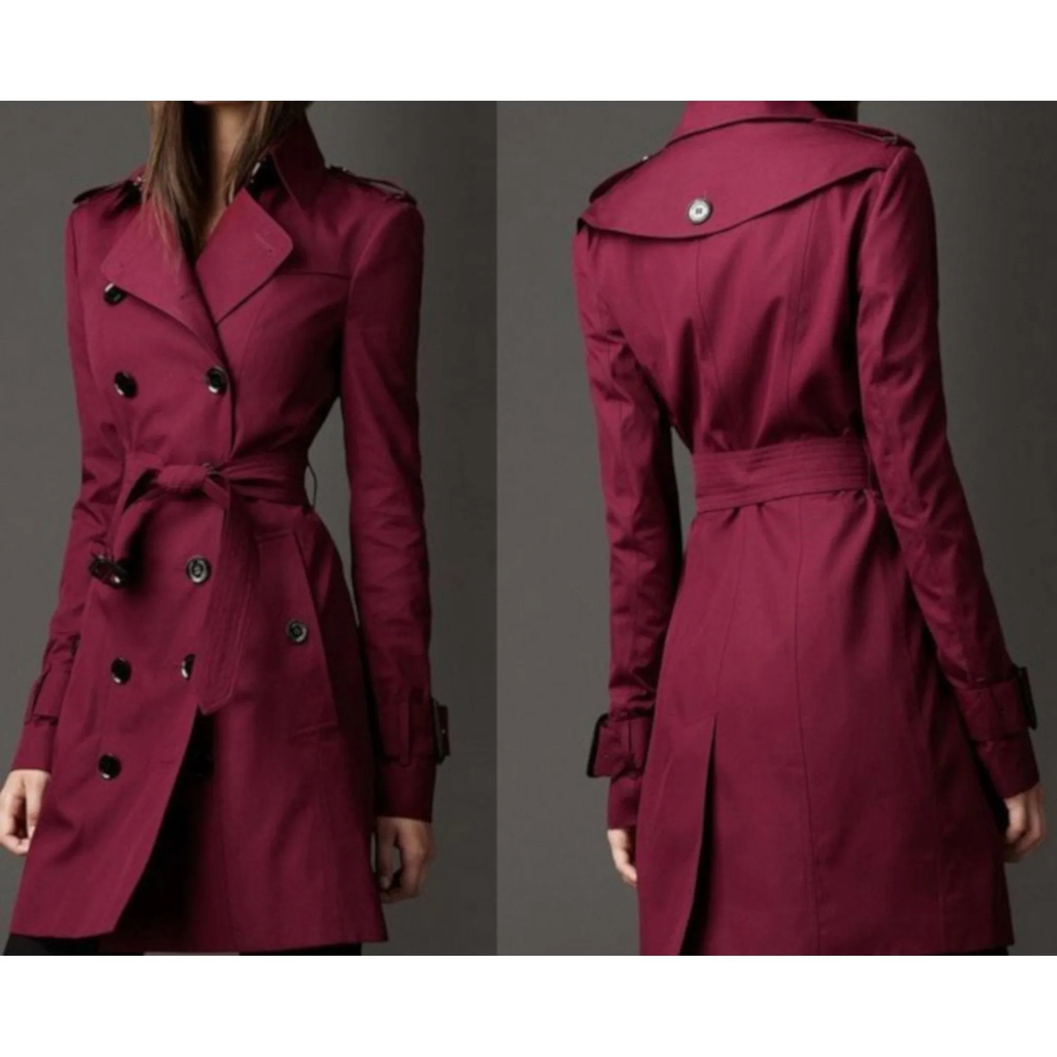 Women's Dark Red Double Breasted Lightweight Trench Coat Rain Jacket