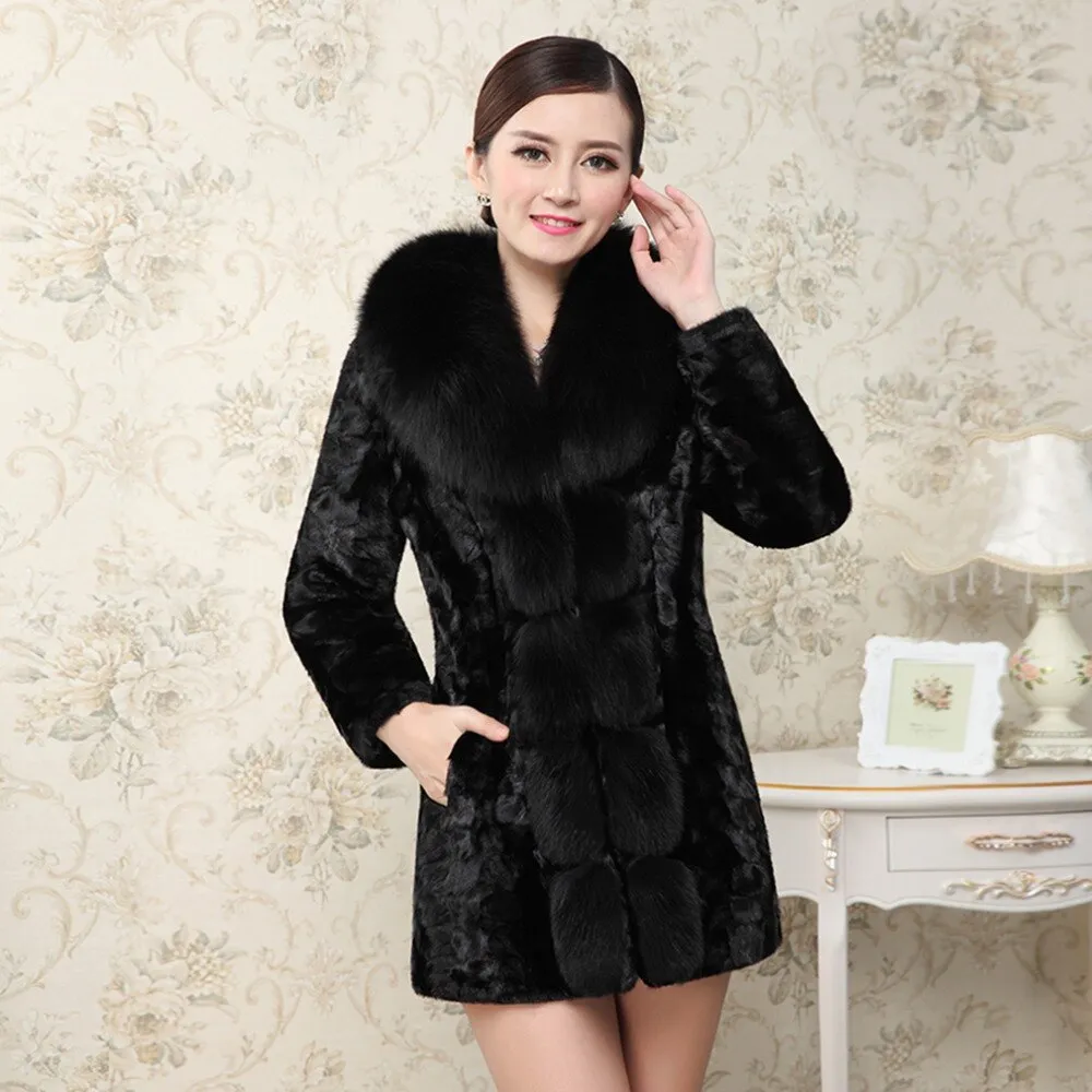 Women's Genuine Mink Fur Coat Women with Fox Fur Collar Winter jacket Women 16154