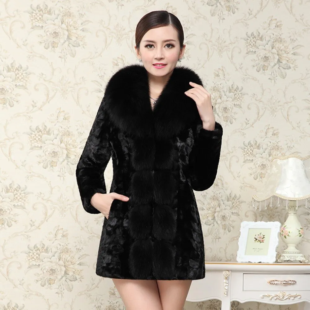 Women's Genuine Mink Fur Coat Women with Fox Fur Collar Winter jacket Women 16154