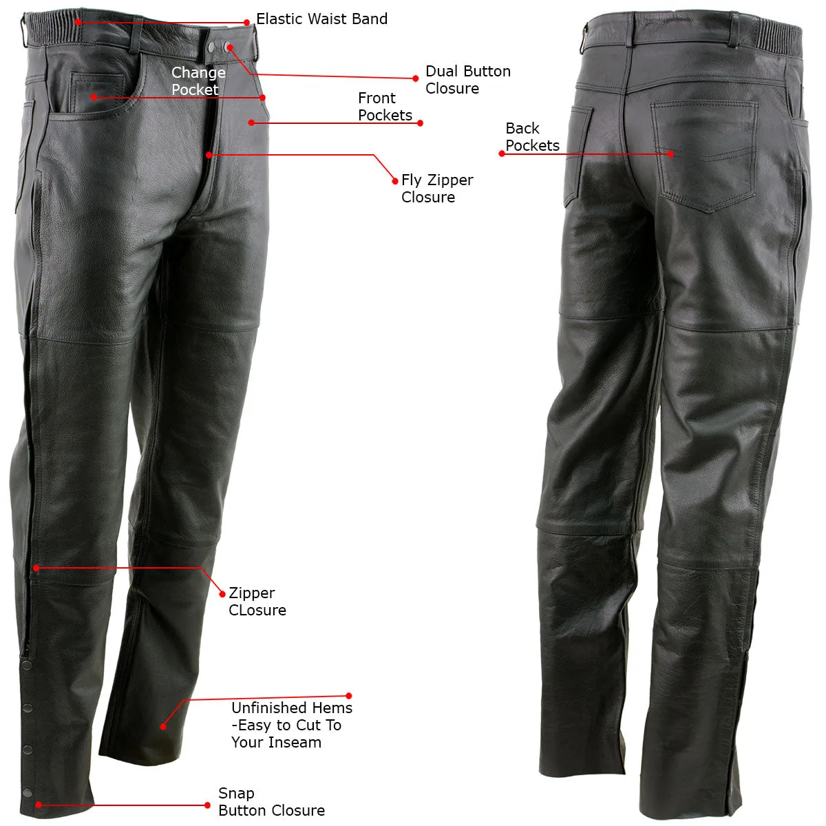 Xelement Men's Black Premium Leather Motorcycle Over Pants with Side
