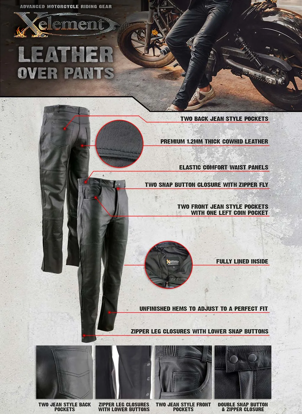Xelement Men's Black Premium Leather Motorcycle Over Pants with Side