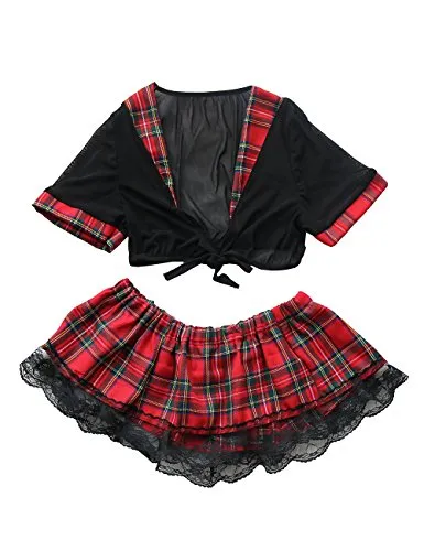 YUANMO Womens Schoolgirl Lace Lingerie Cosplay Mini Plaid Skirts Outfit Babydoll Costume Set, Red, 5XL