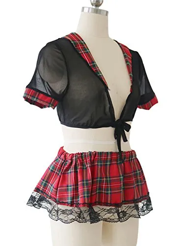 YUANMO Womens Schoolgirl Lace Lingerie Cosplay Mini Plaid Skirts Outfit Babydoll Costume Set, Red, 5XL
