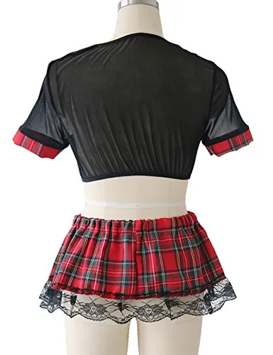 YUANMO Womens Schoolgirl Lace Lingerie Cosplay Mini Plaid Skirts Outfit Babydoll Costume Set, Red, 5XL