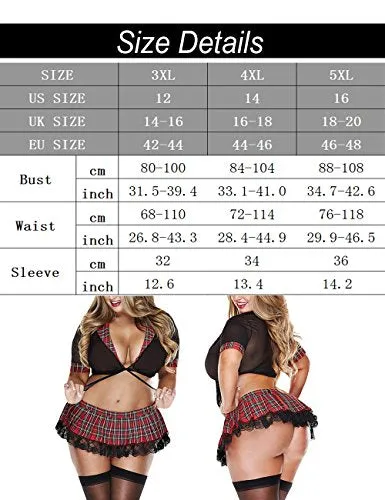YUANMO Womens Schoolgirl Lace Lingerie Cosplay Mini Plaid Skirts Outfit Babydoll Costume Set, Red, 5XL