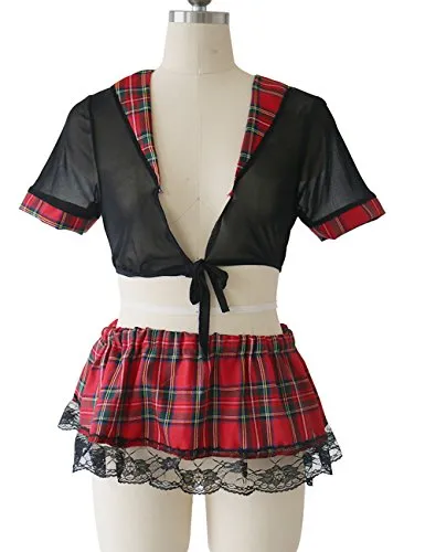 YUANMO Womens Schoolgirl Lace Lingerie Cosplay Mini Plaid Skirts Outfit Babydoll Costume Set, Red, 5XL